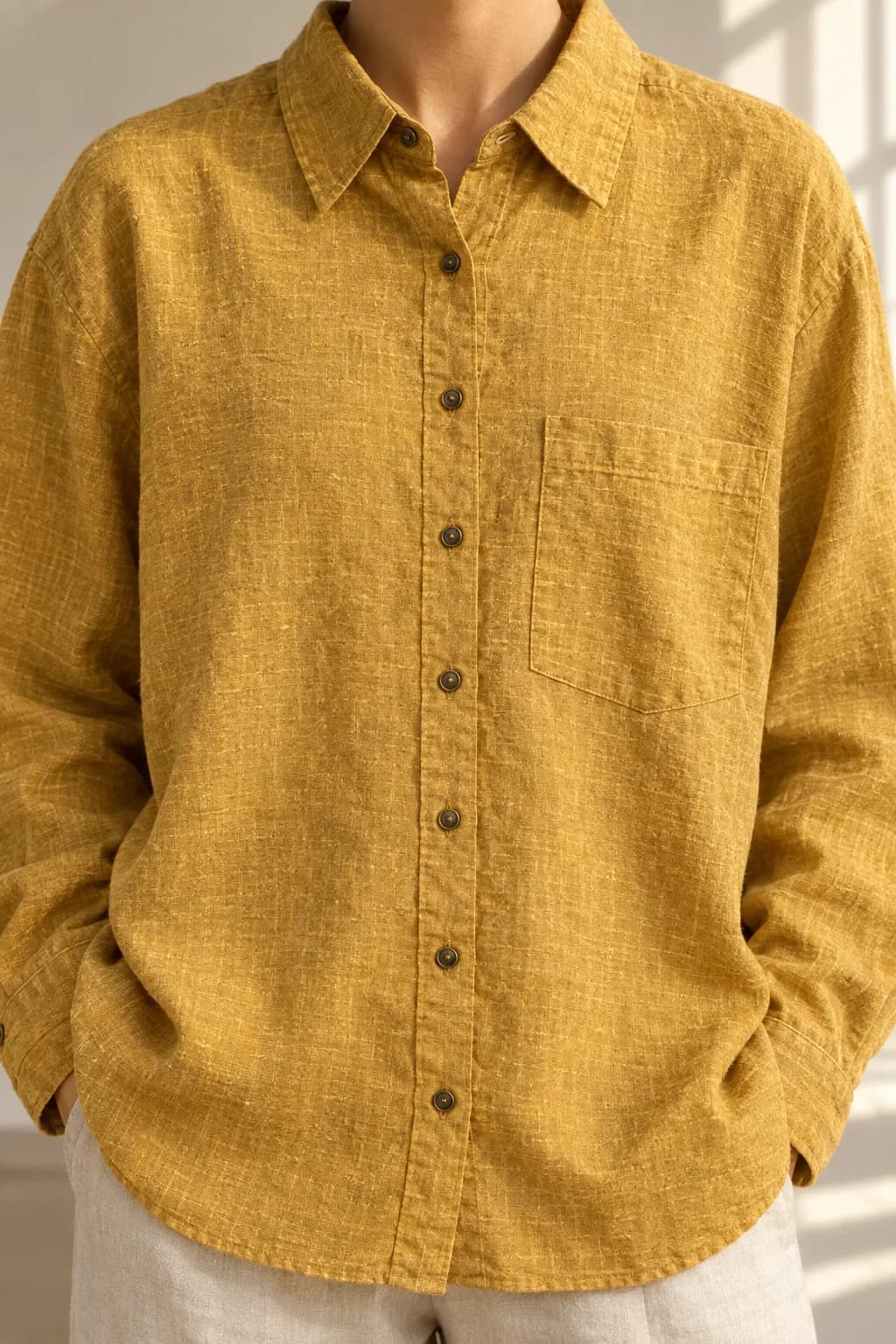 Detail kerah, saku, dan tekstur kemeja linen mustard saat dipakai