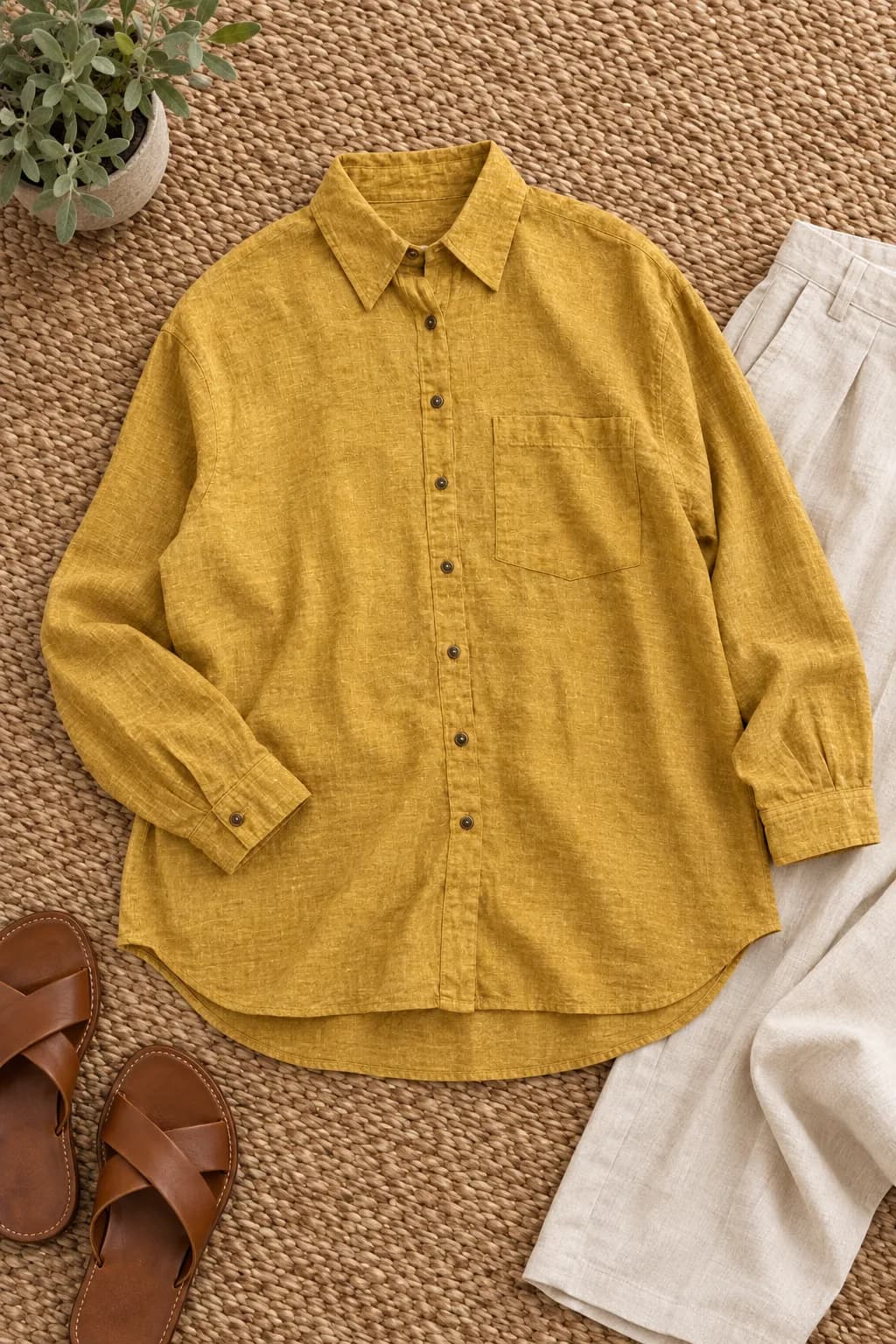 Kemeja linen mustard dilipat di atas tikar rotan dengan celana krem
