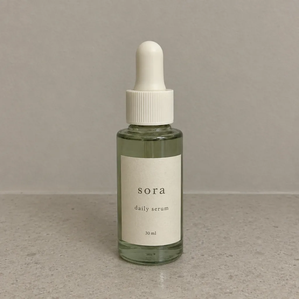 Foto asli botol serum Sora hijau sage di meja abu-abu